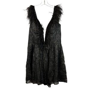 Alyce Paris 3174 V-Neck Backless A-Line Short Dress Black Glitter Sz 16 Feathers
